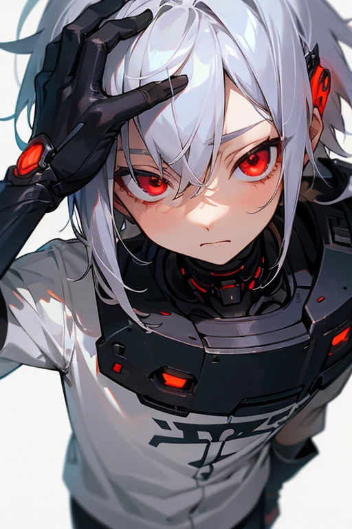 A boy around 7 years old with silver hair and red eyes, Shota, Cyborg, Shy face