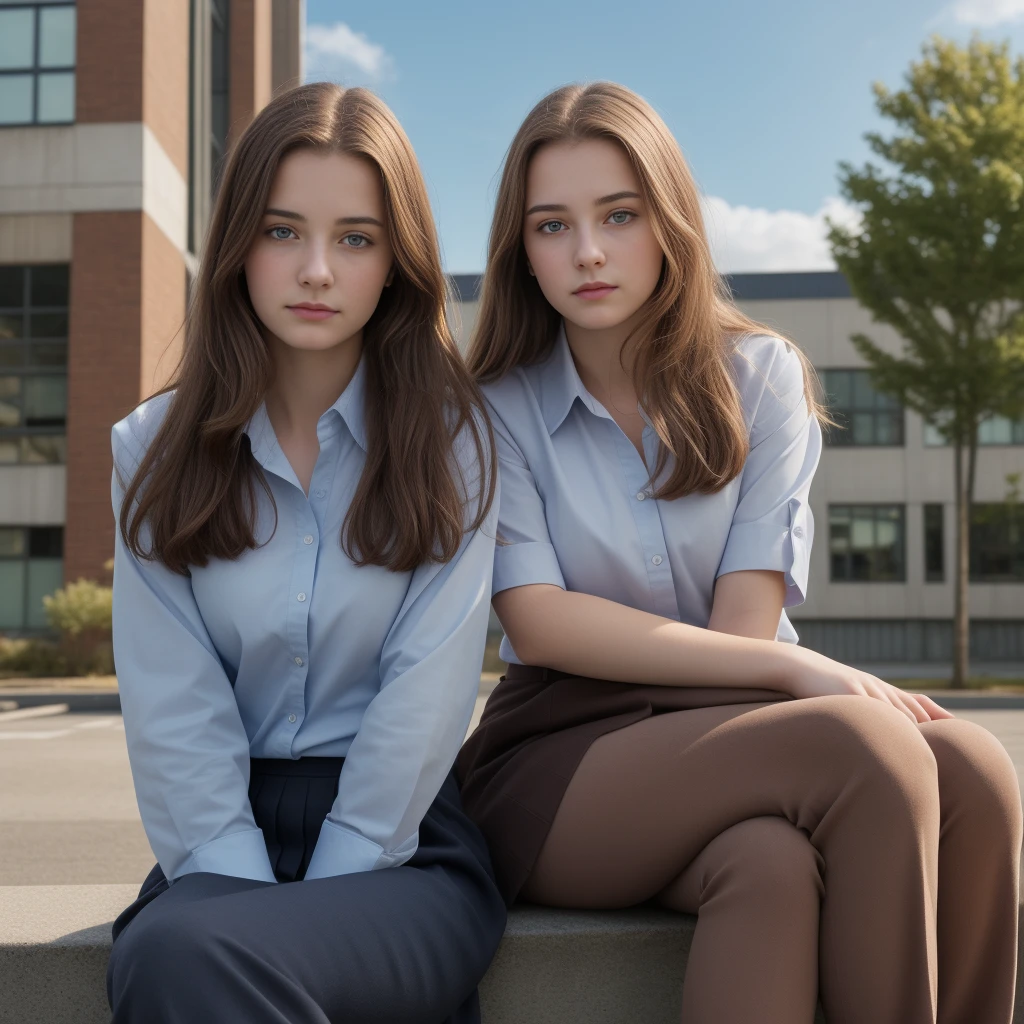 (((close up high definition))), two very calm beautiful teen aged pale school girls, wearing dark brown office shirt, sitting an an urban environment, Bright sky.