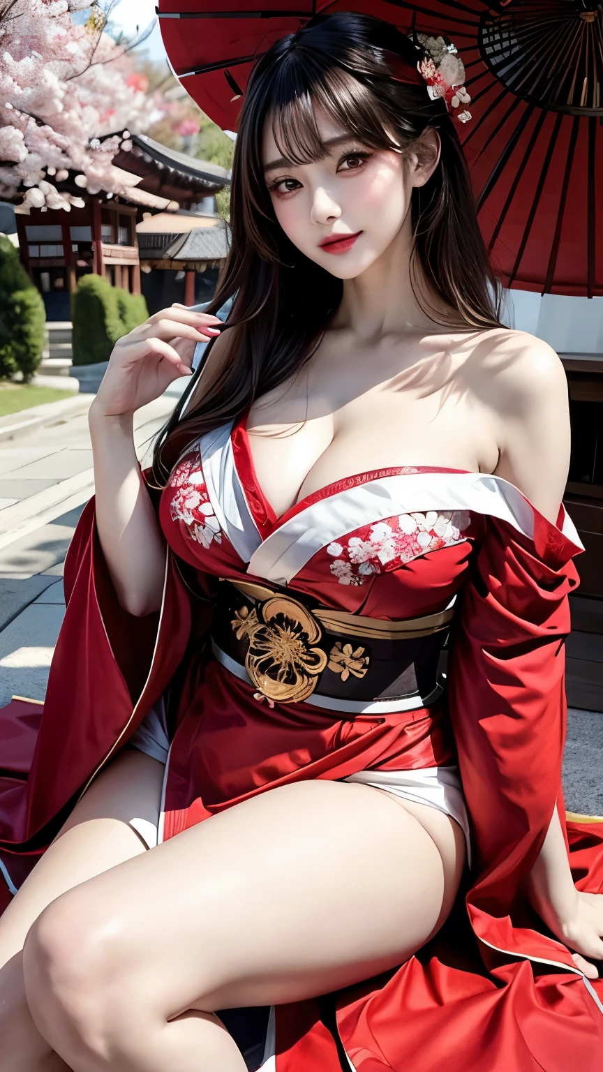 geisha,off shoulder kimono,alluring looks, huge breasts,cleavage,hourglass_figure, ,Sexy Pose,girl,Add more details,More Detail,sakura tree background,fine art,epic,Boho gypsy, marquise,duchesse,dark fantasy,