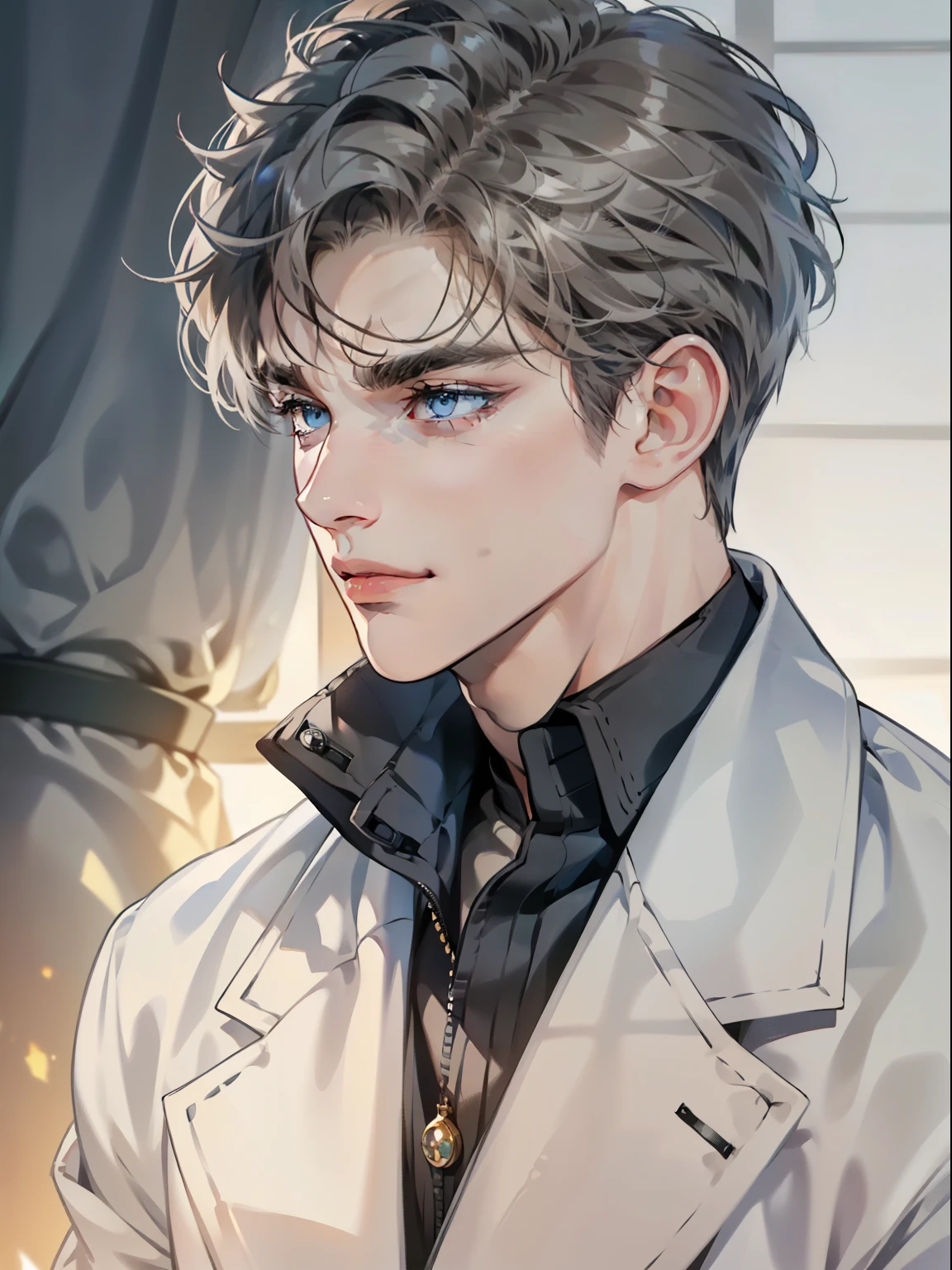 masterpiece, best quality, realistic, 1man, mature male, quiet and charming young man, 41 year old, serious look, closed mouth, portrait, extremely detailed face, cold smile, ((dark grey blue eyes)), ((short-right-swept dark white hair)), [thick eyebrows], ((suit)), handsome, full body, western, Jewish, light brown skin,