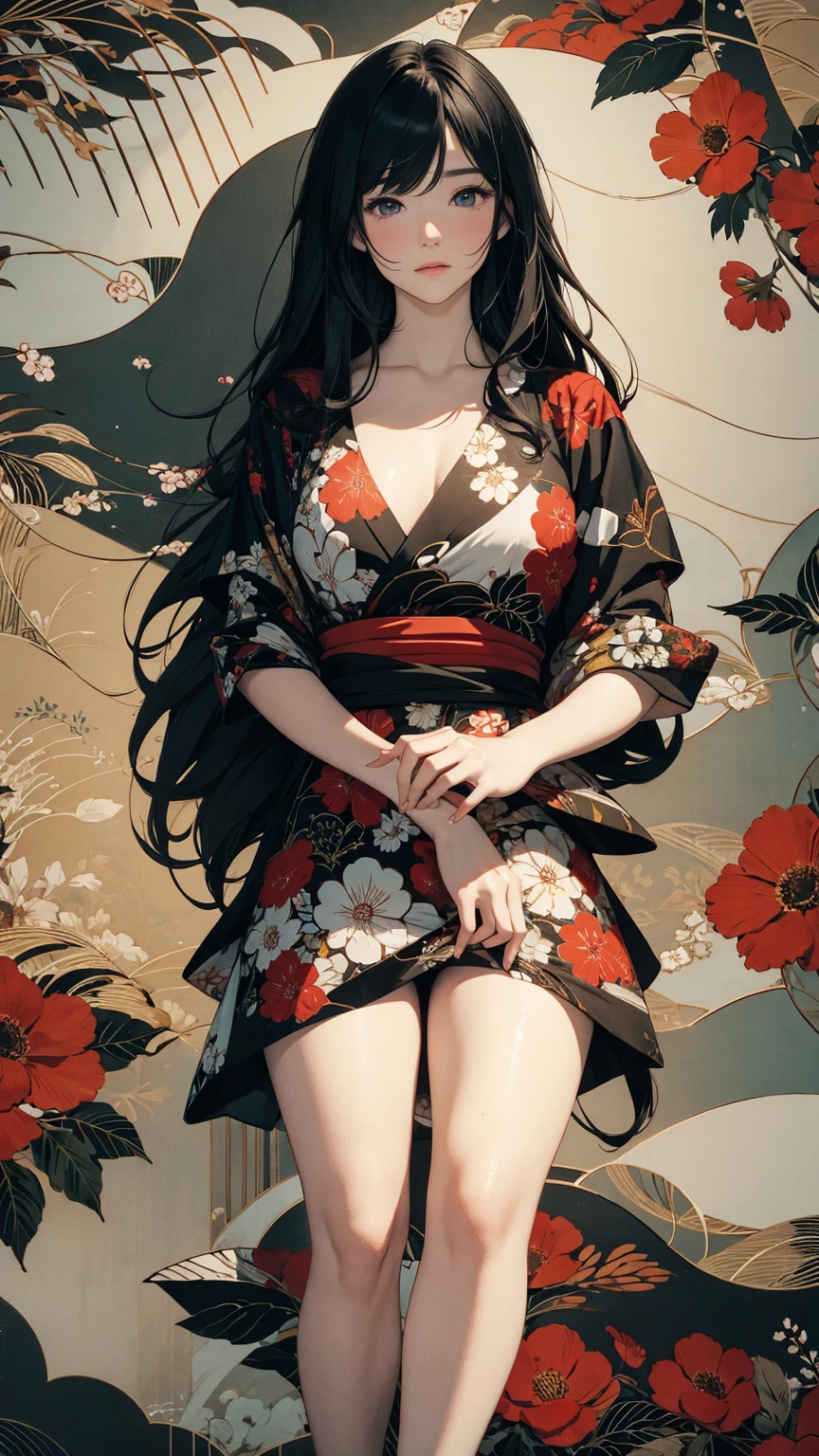 (masterpiece, High resolution, Highest quality), 20-year-old woman, Wide cuffs to cover the hands, Coordination of Japanese patterned haori and micro mini shorts:1.2, Petal Collage, abstract design, artistic juxtapositions, And handle background, warm color, mixed-media approach, Anime Style, Simple lines, Digital Painting,