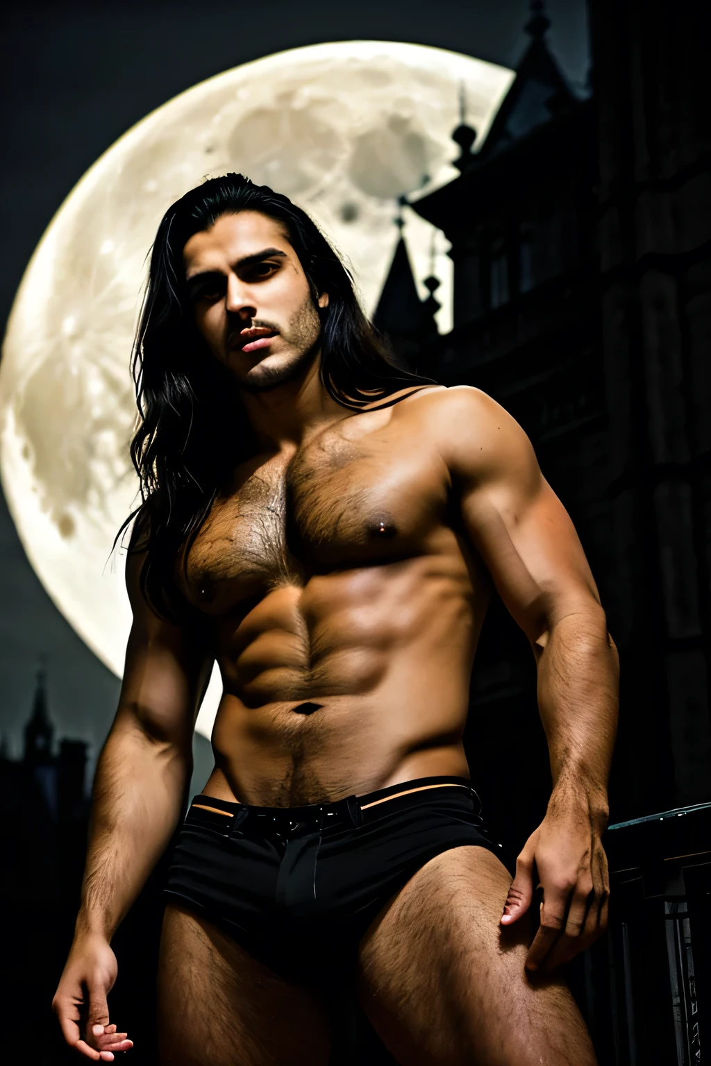 artwork, highest quality, (Alone focus), (Perfect Face :1.1), (high detail :1.1), (perfect eyes:1.1), dramatic, 1 guy, (tan skin), long black hair, Alone, long hair, (short facial hair :1.1), moon, night, shirtless, werewolf, (hairy chest :1.1), ripped black pants, approached navel, full lips, approached, victorian city, detailed background, gothic revival, cinematic lighting,
