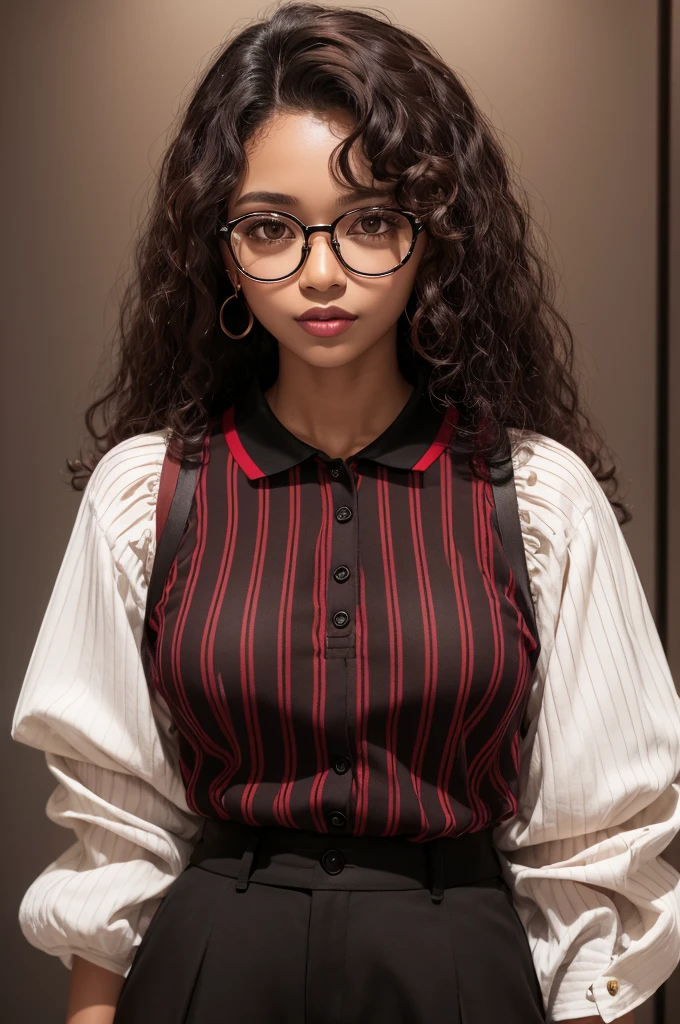 1 woman with curly hair and wearing glasses in dark brown eye color with a striped blouse with red and burgundy and black shorts and dark skin color 1 man with straight hair with a mulete haircut dark brown eye color in color white skin with a polo collar blouse and black shorts