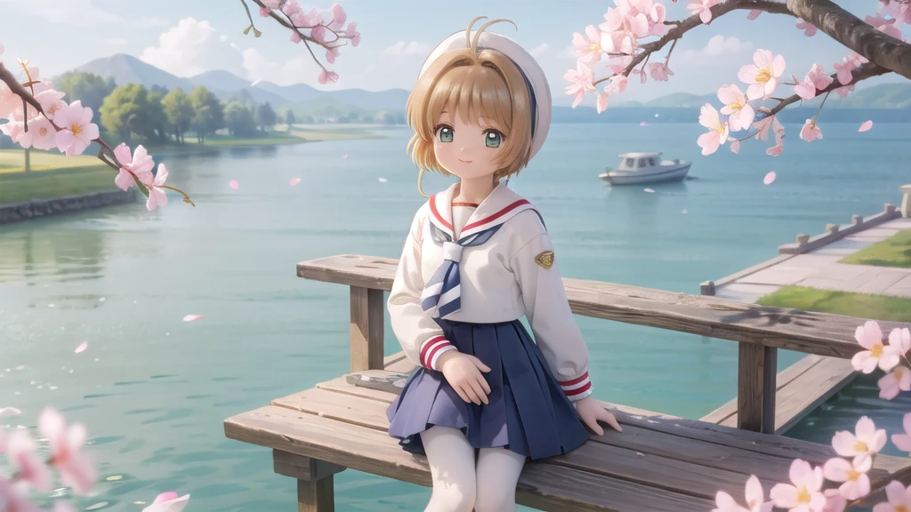 (masterpiece),  Outdoor,  cherry blossoms,  petal,  sunlight,  lake,  One Girl,  blush,  smile,  Medium Hair,  Sailor suit,Long skirt, Overgrown, petal, plant、Skirt lining、White slip、nostalgic、pantyhose（gray）、You can see the sea in the distance, Crotch close-up