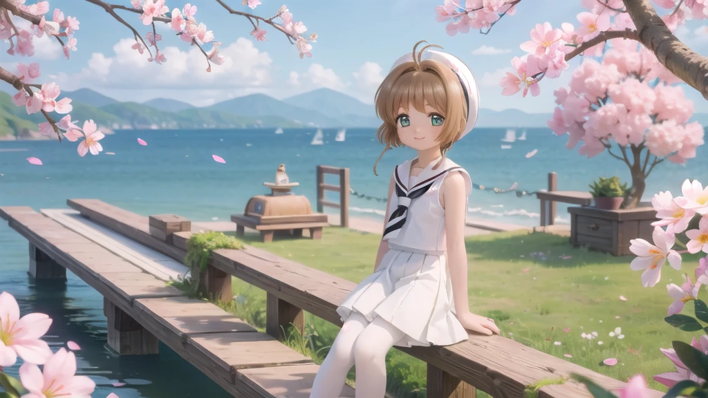 (masterpiece),  Outdoor,  cherry blossoms,  petal,  sunlight,  lake,  One Girl,  blush,  smile,  Medium Hair,  Sailor suit,Long skirt, Overgrown, petal, plant、Skirt lining、White slip、nostalgic、pantyhose（gray）、You can see the sea in the distance, Crotch close-up