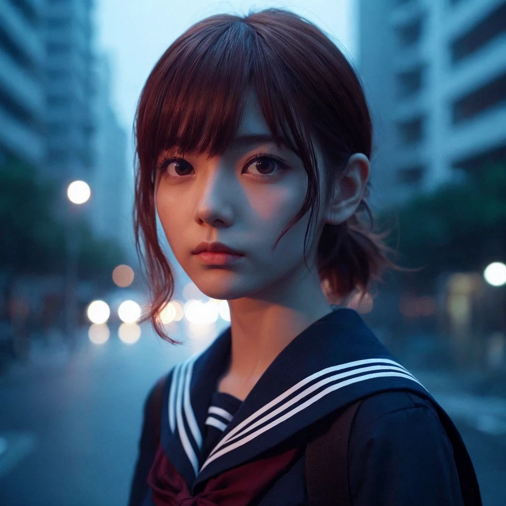 Japanese woman in her 20s、She has short hair, tied back with a brown hair tie.、Hair color is gray。Fair skin and slender figure、Adult clothes and a tie、Wearing navy blue chinos。He has a cold expression.、In the background, underground pipes are visible.、A dimly lit, post-apocalyptic world with warning lights。The art style is black and white cartoon.。A more depressing atmosphere。Bangs should be horizontal and at the same height as eyebrows