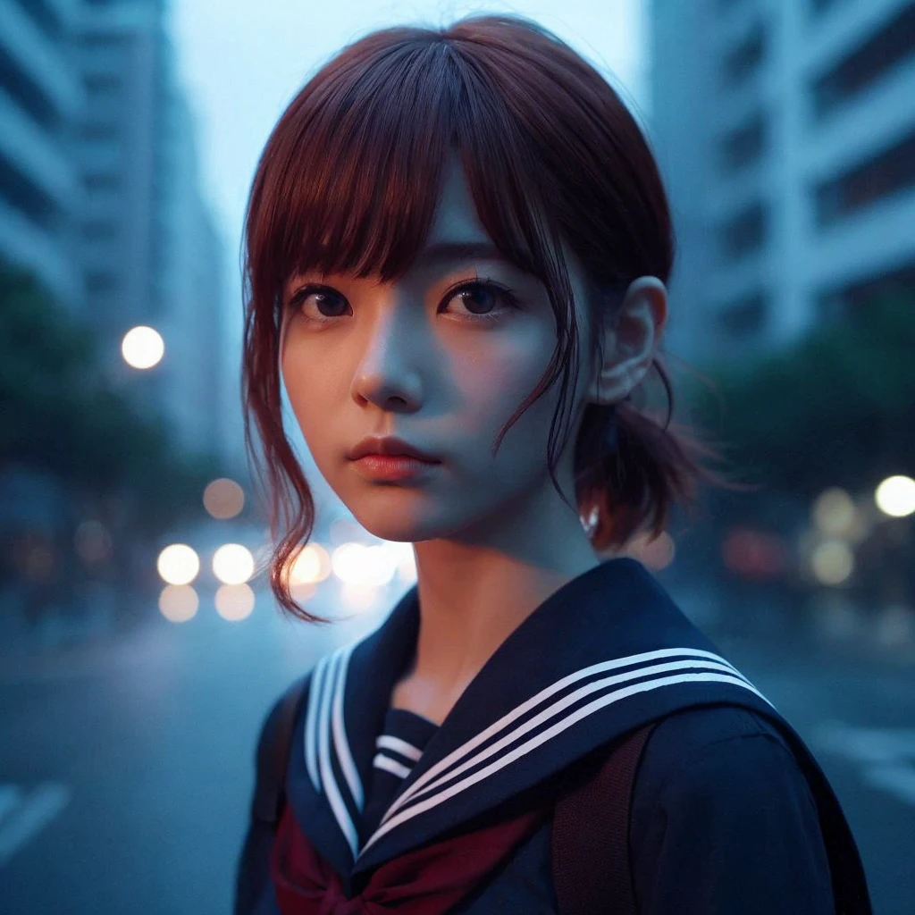 Japanese woman in her 20s、She has short hair, tied back with a brown hair tie.、Hair color is gray。Fair skin and slender figure、Adult clothes and a tie、Wearing navy blue chinos。He has a cold expression.、In the background, underground pipes are visible.、A dimly lit, post-apocalyptic world with warning lights。The art style is black and white cartoon.。A more depressing atmosphere。Bangs should be horizontal and at the same height as eyebrows