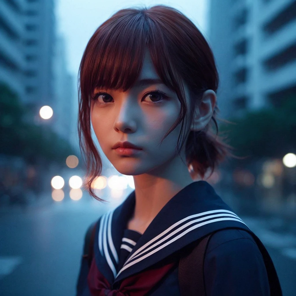 Japanese woman in her 20s、She has short hair, tied back with a brown hair tie.、Hair color is gray。Fair skin and slender figure、Adult clothes and a tie、Wearing navy blue chinos。He has a cold expression.、In the background, underground pipes are visible.、A dimly lit, post-apocalyptic world with warning lights。The art style is black and white cartoon.。A more depressing atmosphere。Bangs should be horizontal and at the same height as eyebrows