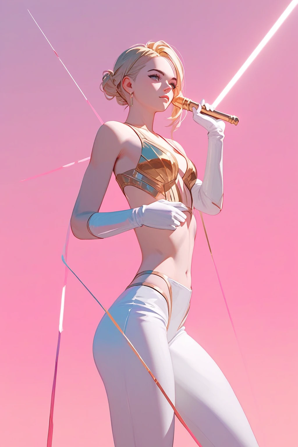 Female Archer,White gloves,blonde,Disdainful look,Black and gold top,Fair skin,White thighs,Pink sunset background,Ultra HD 4k,high quality