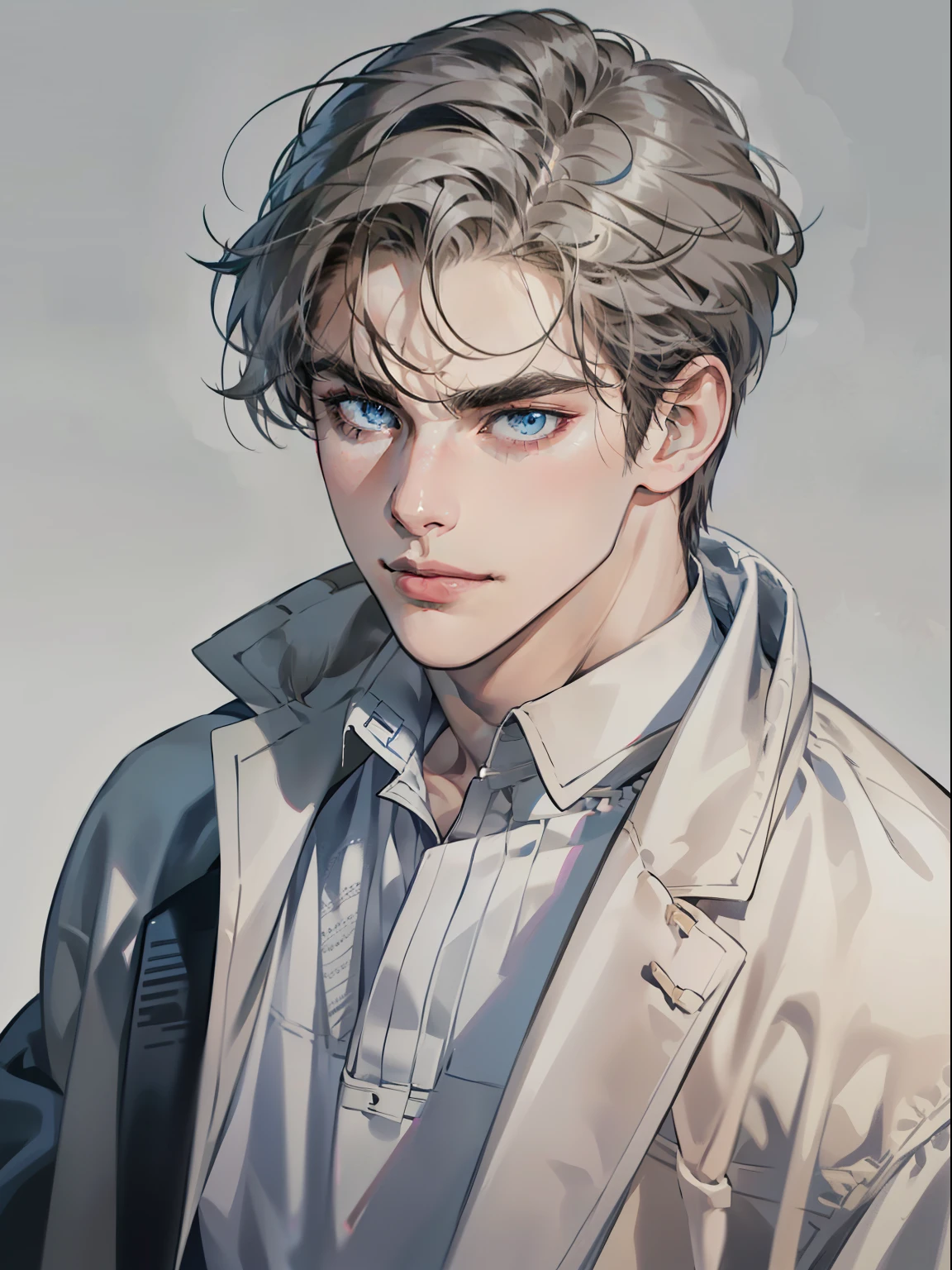masterpiece, best quality, realistic, 1man, mature male, quiet and charming young man, 41 year old, serious look, closed mouth, portrait, extremely detailed face, cold smile, ((dark grey blue eyes)), ((short-right-swept dark white hair)), [thick eyebrows], ((suit)), handsome, full body, western, Jewish, light brown skin,