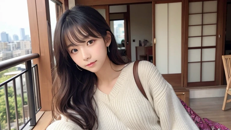 Produce the highest quality and highest resolution 8K images。Please draw the upper body of a 20 year old Japanese woman.。Please draw an image of you relaxing on the balcony at home.。She has brown eyes and a model-like figure、She has an idol-level cute face.。The hair is wavy。Clothes、I'm wearing stylish loungewear。The skin is、It is a natural skin color。she、Looking at you with a smile。