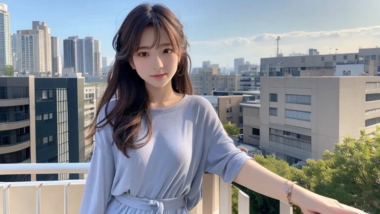 Produce the highest quality and highest resolution 8K images。Please draw the upper body of a 20 year old Japanese woman.。Please draw an image of you relaxing on the balcony at home.。She has brown eyes and a model-like figure、She has an idol-level cute face.。The hair is wavy。Clothes、I'm wearing stylish loungewear。The skin is、It is a natural skin color。she、Looking at you with a smile。
