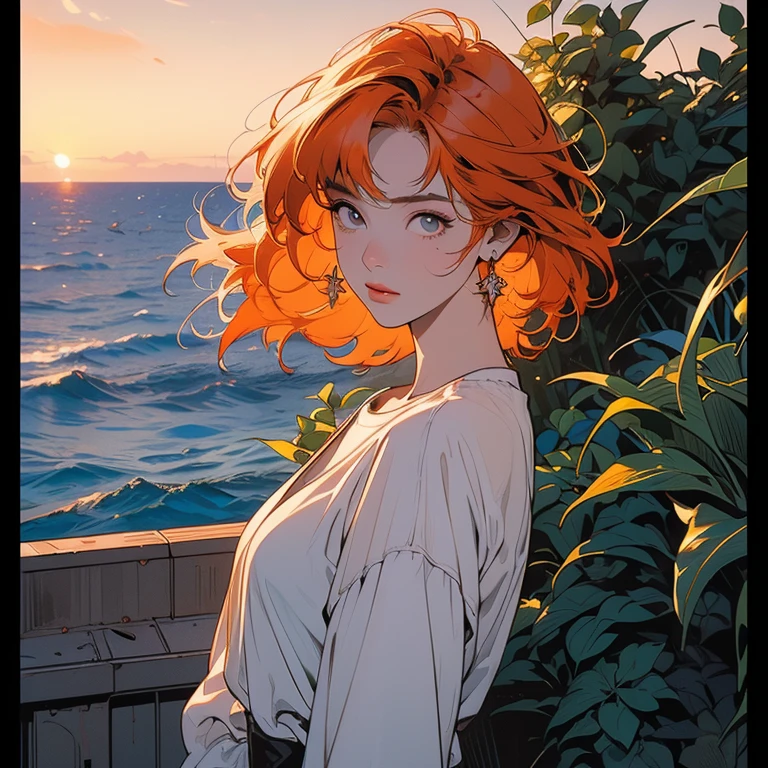 (((Fisheye Lens))), Very wide white background, Superior quality, masterpiece, 32K, Depth of written boundary, Intricate details, (((unmanned))), Very large margins, Lots of text, Company logo, space, Movie Posters, (((Ruins with a view of the sea))), (((covered with plants)))), Nostalgia, (((sunset))), Supercar, Panorama, Long Shot, Backlight, (((Dull colors))),(((Only One Woman))), (((Perfect Face))), 14k, (((Highly detailed background))), (((Highest quality))),(((Cowboy Shot))), Ultra detailed hair, (((Faint lighting))),(((A variety of unique hairstyles))), Super beauty, (((Detailed face))), ((((Different angles)))), (((The wind is blowing))), (((Different hair colors))),(((Highly detailed black beautiful glowing eyes))),(((Broken heavy machinery))),(((Light on the face.))),(((Flat Chest))),White camisole,(((mysterious))),short hair,(((Orange Hair Color))),Destroyed city