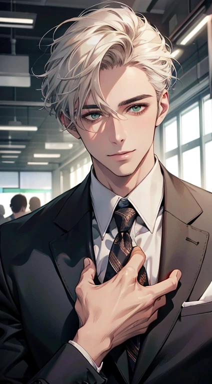 (Highest quality,4K,8K,High resolution,masterpiece:1.2),Super detailed,(Realistic,photoRealistic,photo-Realistic:1.37),1 person,34 years old,Mature Men,Beautiful skin、very handsome,Expressionless smile in love,Short white hair,green eyes,Sharp Eyes,A perfect face without a doubt,Businessman, CEO, Office Background,Cinema Lighting,HDR image,tie、