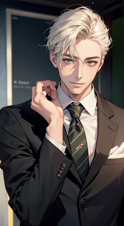 (Highest quality,4K,8K,High resolution,masterpiece:1.2),Super detailed,(Realistic,photoRealistic,photo-Realistic:1.37),1 person,34 years old,Mature Men,Beautiful skin、very handsome,Expressionless smile in love,Short white hair,green eyes,Sharp Eyes,A perfect face without a doubt,Businessman, CEO, Office Background,Cinema Lighting,HDR image,tie、