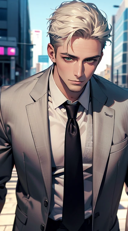 (Highest quality,4K,8K,High resolution,masterpiece:1.2),Super detailed,(Realistic,photoRealistic,photo-Realistic:1.37),1 person,34 years old,Mature Men,Beautiful skin、very handsome,Expressionless smile in love,Short white hair,green eyes,Sharp Eyes,A perfect face without a doubt,Businessman, CEO, Office Background,Cinema Lighting,HDR image,tie、