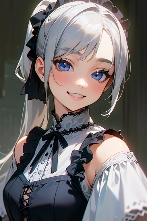 (masterpiece: 1.2, Highest quality), (Actual Photos, Intricate details), 1. woman, alone, Upper Body, casual, Shoulder-length hair, Minimal makeup, Natural materials, Face close-up, smile, Home, Gray Hair, blue eyes, Shoulder Bare、ponytail、(From the waist up).((Gothic Lolita)).((優しいsmile)).