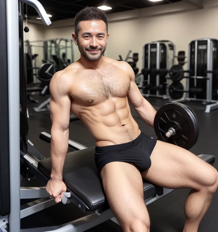 40 years old,One Man,Asian Faces、Black Suit,Gym、Sit on the machine with your legs wide open、muscle、chest hair、pubic hair、Solid system、Sweat、Gay ,Very Very Short Hair、Stubble,Handsome、The crotch area is bulging。pubic hair、smile、Brown Hair