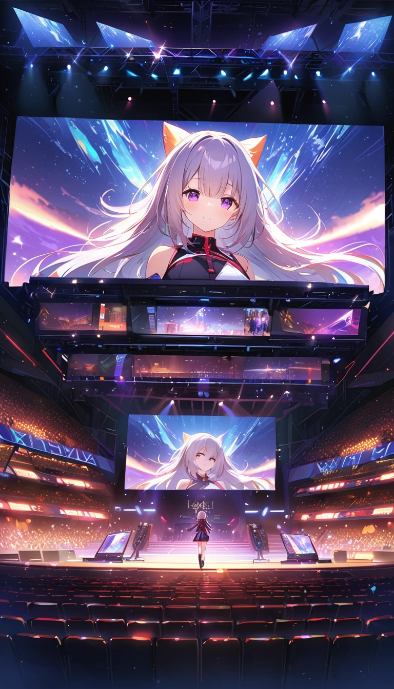 (Concert Venues、central、masterpiece、Highest quality:1.2)、(8k、RAW Photos、Highest quality)、((masterpiece:1.2))、Genuine、Ultra-high resolution、High contrast、Photon Mapping、Bright colors、Genuine、Very detailed、Very detailed、RAW Photos、Genuine、Official Art、RAW Photos、Professional Lighting、Light、Professional writing、twiceLight、Vivid atmosphere、High-definition CG、Unity 8K)、There are many monitors at the back of the stage showing anime.。レーザーLight線、スポットライトはステージcentralに集中している。