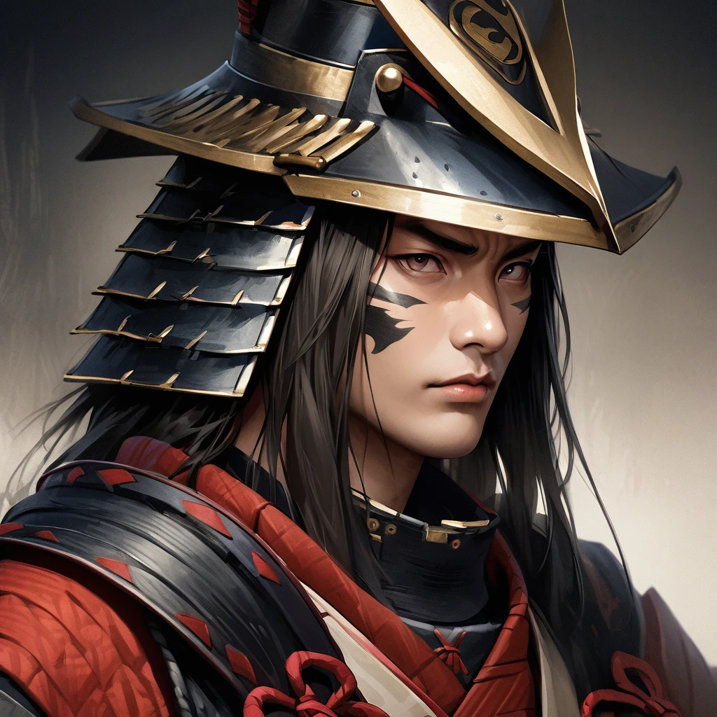 "Realistic portrait of Date Masamune in traditional samurai armor, detailed facial features, historical accuracy, neutral background"