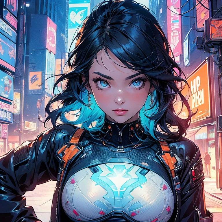 (masterpiece, Highest quality), 32K,(Highly detailed beautiful woman), Poster,sf,1960s,1970s,Bauhaus, shape, Abstract,movie Poster, Vintage,Retro,Future Anime,The ultimate map,highlight,Very detailed glowing eyes,Cleavage,Complex patterns,Stylish hairstyle,fluorescence((Orange and blue outfit)),Starry Sky,((Stylish cyberpunk street fashion)),Breast augmentation,