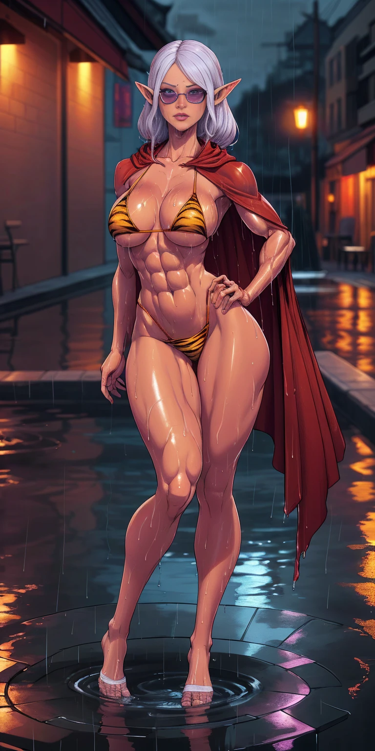 Full body, masterpiece, 1solofemale drow elf purple skin standing pose (yellow tiger bikini) red cape, red bikini, long white hair, strong body, abs, Ultra Quality, shiny skin, Atmospheric, 8K, Cinematic ((Street background)) BREAK, sunglasses (wet rainy, wet by rain, wet body :1.2) ultra-detailed face, detailed lips, detailed eyes, double eyelid, sensual low-necked dress, open neckline, hanging breasts, side pose, visible curves, pool, poolside, red transparent robe, sunglasses, muscular turned leg