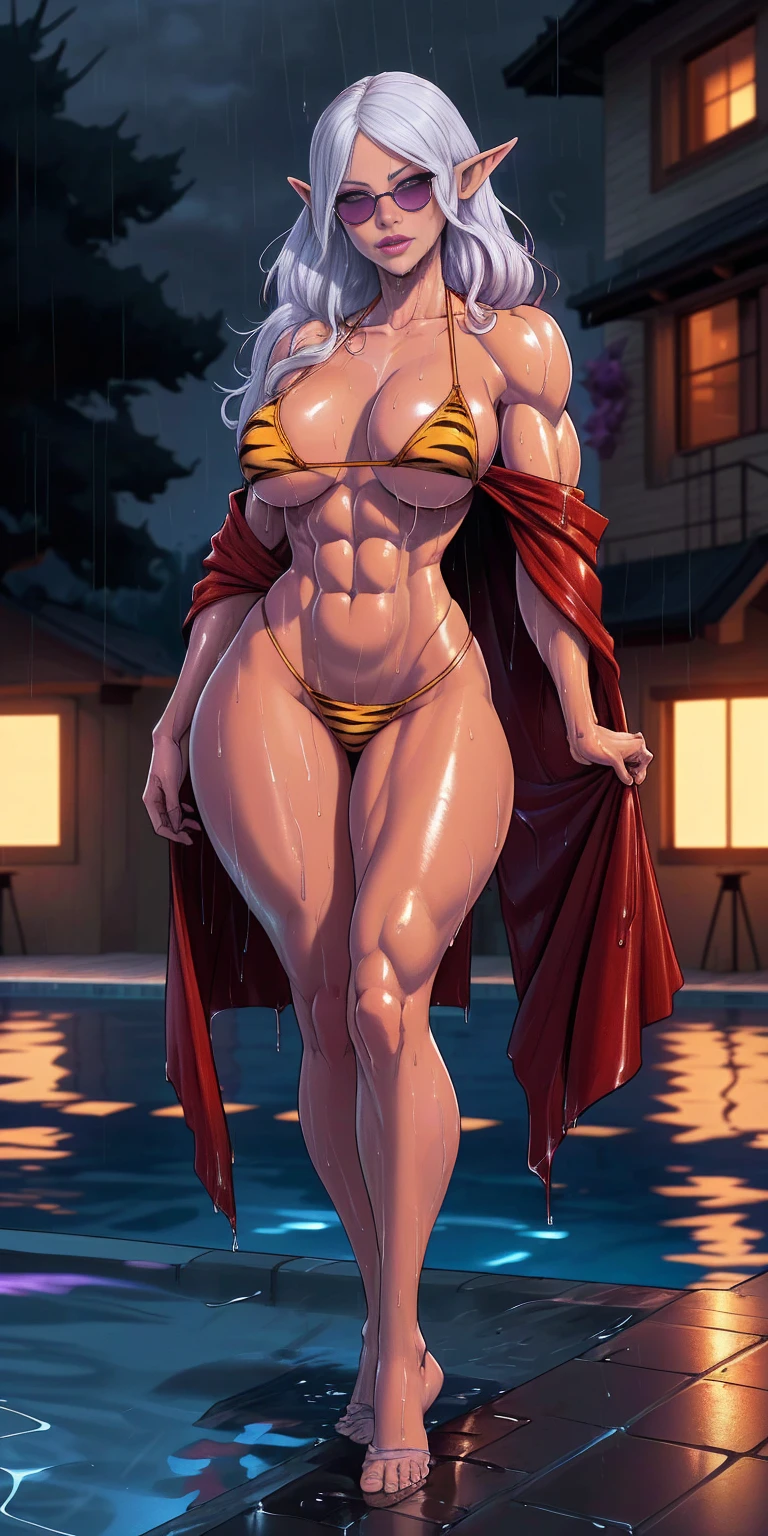 Full body, masterpiece, 1solofemale drow elf purple skin standing pose (yellow tiger bikini) red cape, red bikini, long white hair, strong body, abs, Ultra Quality, shiny skin, Atmospheric, 8K, Cinematic ((Street background)) BREAK, sunglasses (wet rainy, wet by rain, wet body :1.2) ultra-detailed face, detailed lips, detailed eyes, double eyelid, sensual low-necked dress, open neckline, hanging breasts, side pose, visible curves, pool, poolside, red transparent robe, sunglasses, muscular turned leg