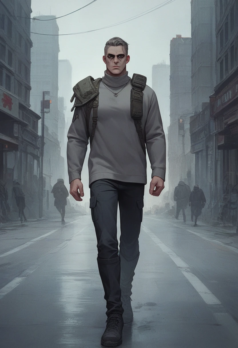 Handsome teenager, muscullar body, wear grey sweater, militarry necklage, ransel on right shoulder, walking, cool face, sharp eyes, city