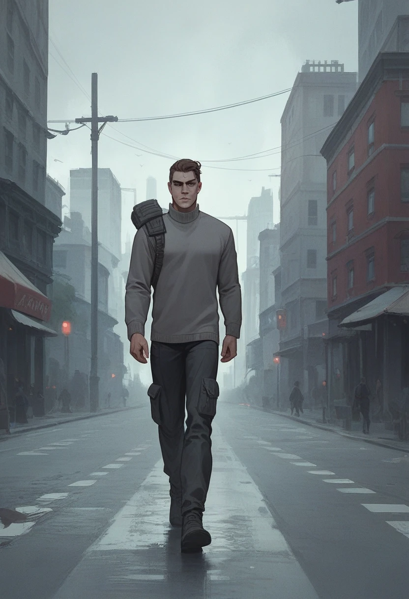 Handsome teenager, muscullar body, wear grey sweater, militarry necklage, ransel on right shoulder, walking, cool face, sharp eyes, city