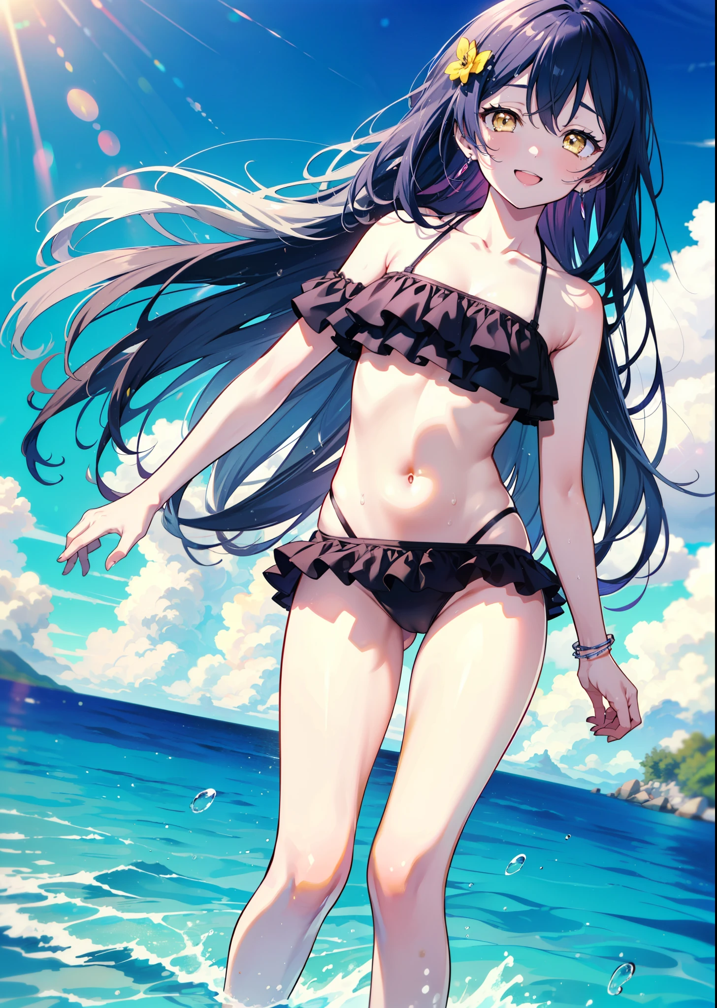 Umi Sonoda, Long Hair, Blue Hair, (Yellow Eyes:1.5) (Flat Chest:1.2),,happy smile, smile, Open your mouth,Black bikini swimsuit with frills,barefoot,Water Play,True Summer,Clear skies,Daytime,　　　　　　　　　　　　　break looking at viewer, whole body, 　　　　　　　　　break outdoors,Beach, 　　　　　　　　　　　break (masterpiece:1.2), Highest quality, High resolution, unity 8k wallpaper, (shape:0.8), (Beautiful and beautiful eyes:1.6), Highly detailed face, Perfect lighting, Highly detailed CG, (Perfect hands, Perfect Anatomy),
