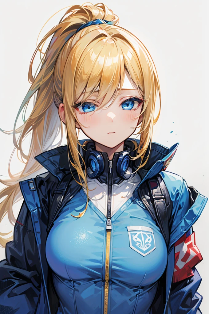 초상화, cyberpunk, 1girl, solo, mature_female, ((golden_hair, ponytail, blue_eyes, expression_face, half closed_eyes)), 충직한 기사, a jean jacket over a T-shirt, right shoulder armor