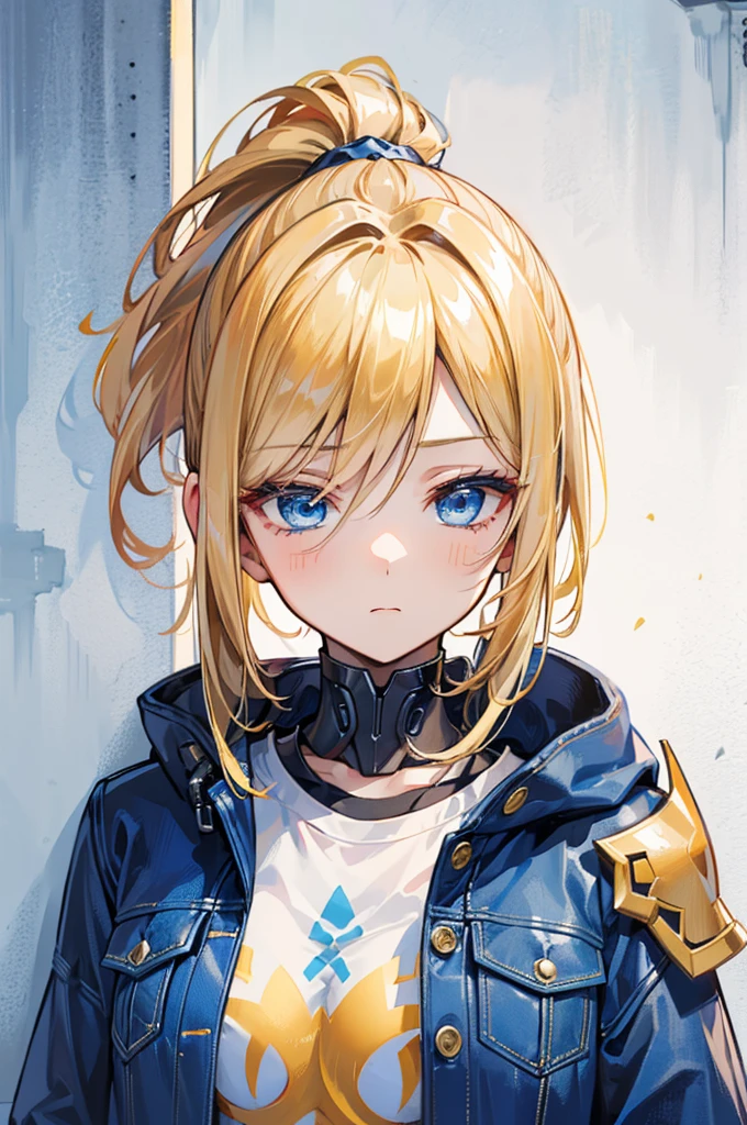 초상화, cyberpunk, 1girl, solo, mature_female, ((golden_hair, ponytail, blue_eyes, expression_face, half closed_eyes)), 충직한 기사, a jean jacket over a T-shirt, right shoulder armor