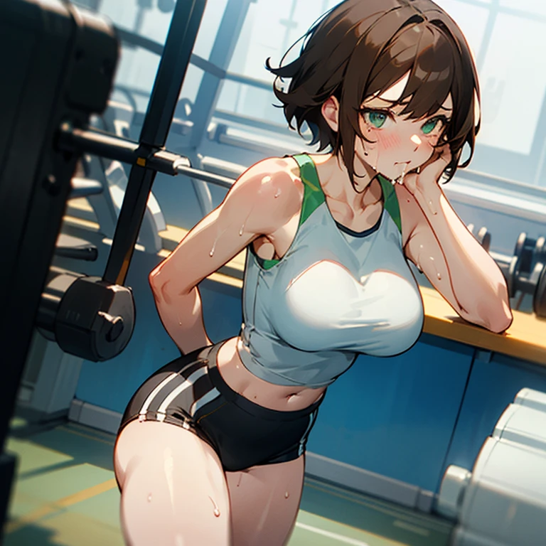 ((Best Quality)) ((masterpiece))  girl with short brown hair, wide thighs, Thin waist,big breasts, with a tank top pars sport, a tight short, light green eyes, with sweat on the face, drinking water from a bottle, in the gym. 