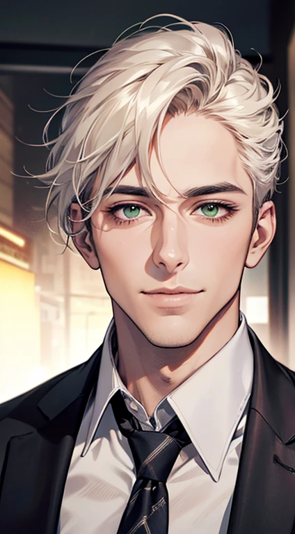 (Highest quality,4K,8K,High resolution,masterpiece:1.2),Super detailed,(Realistic,photoRealistic,photo-Realistic:1.37),1 person,34 years old,Mature Men,Beautiful skin、very handsome,Expressionless smile in love,Short white hair,green eyes,Sharp Eyes,A perfect face without a doubt,Businessman, CEO, Office Background,Cinema Lighting,HDR image,tie、