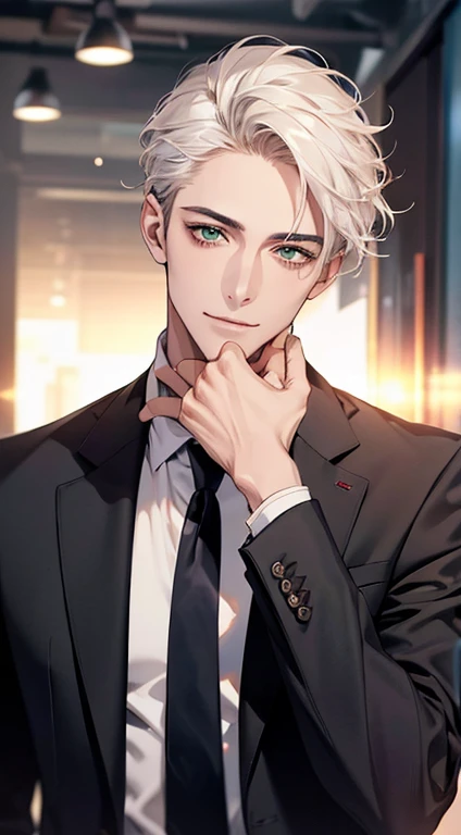 (Highest quality,4K,8K,High resolution,masterpiece:1.2),Super detailed,(Realistic,photoRealistic,photo-Realistic:1.37),1 person,34 years old,Mature Men,Beautiful skin、very handsome,Expressionless smile in love,Short white hair,green eyes,Sharp Eyes,A perfect face without a doubt,Businessman, CEO, Office Background,Cinema Lighting,HDR image,tie、