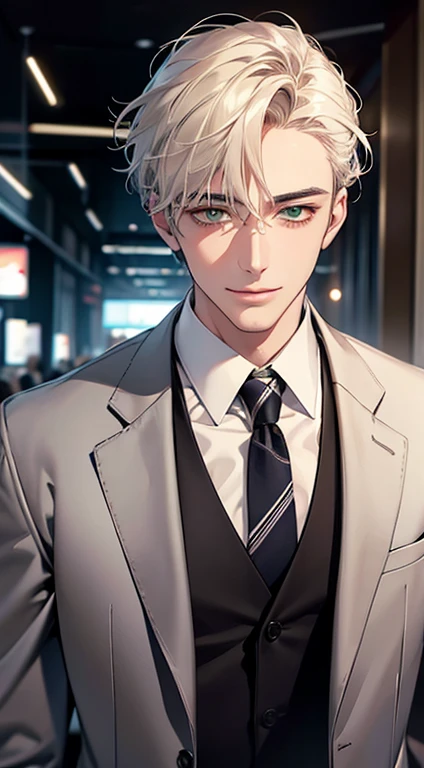 (Highest quality,4K,8K,High resolution,masterpiece:1.2),Super detailed,(Realistic,photoRealistic,photo-Realistic:1.37),1 person,34 years old,Mature Men,Beautiful skin、very handsome,Expressionless smile in love,Short white hair,green eyes,Sharp Eyes,A perfect face without a doubt,Businessman, CEO, Office Background,Cinema Lighting,HDR image,tie、