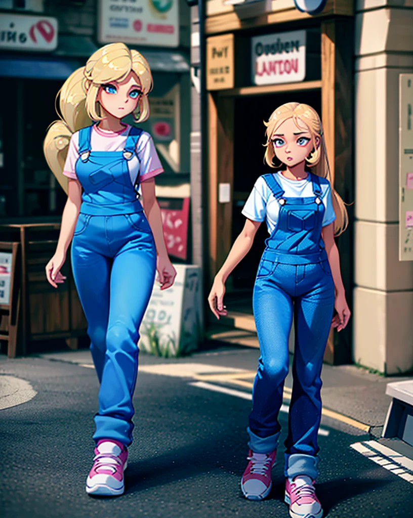 beautiful girl, long light yellow hair, Horse tail, blue eyes, White shirt, with blue overalls, pink tennis shoes, standing, stop,