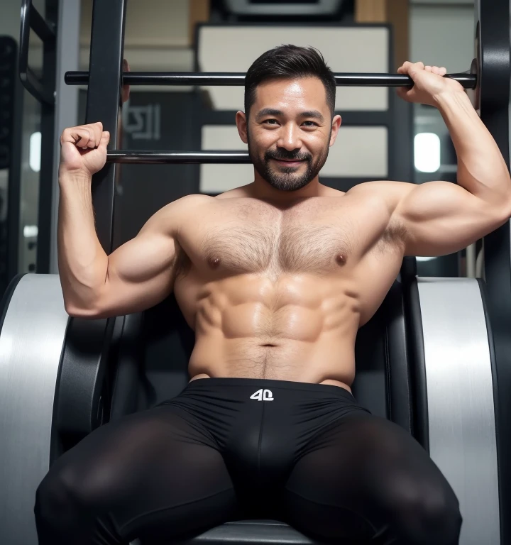 40 years old,One Man,Asian Faces、Black Suit,Gym、Sit on the machine with your legs wide open、muscle、chest hair、pubic hair、Solid system、Sweat、Gay ,Very Very Short Hair、Stubble,Handsome、The crotch area is bulging。pubic hair、smile、Brown Hair