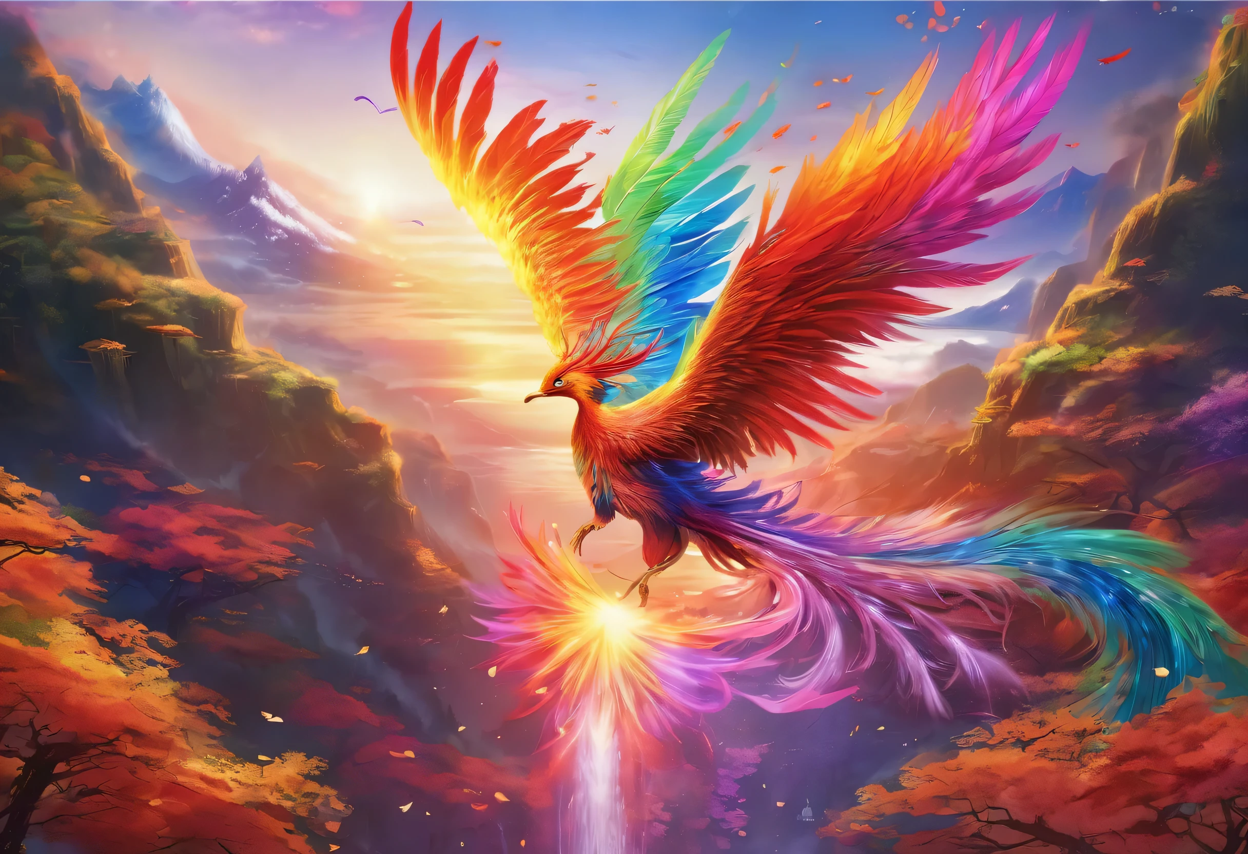 A realistic and beautiful phoenix is reborn , Very noticeable、There are many textured auras.The feathers are rainbow-colored、Flying gracefully through the sky、Fantastic landscape