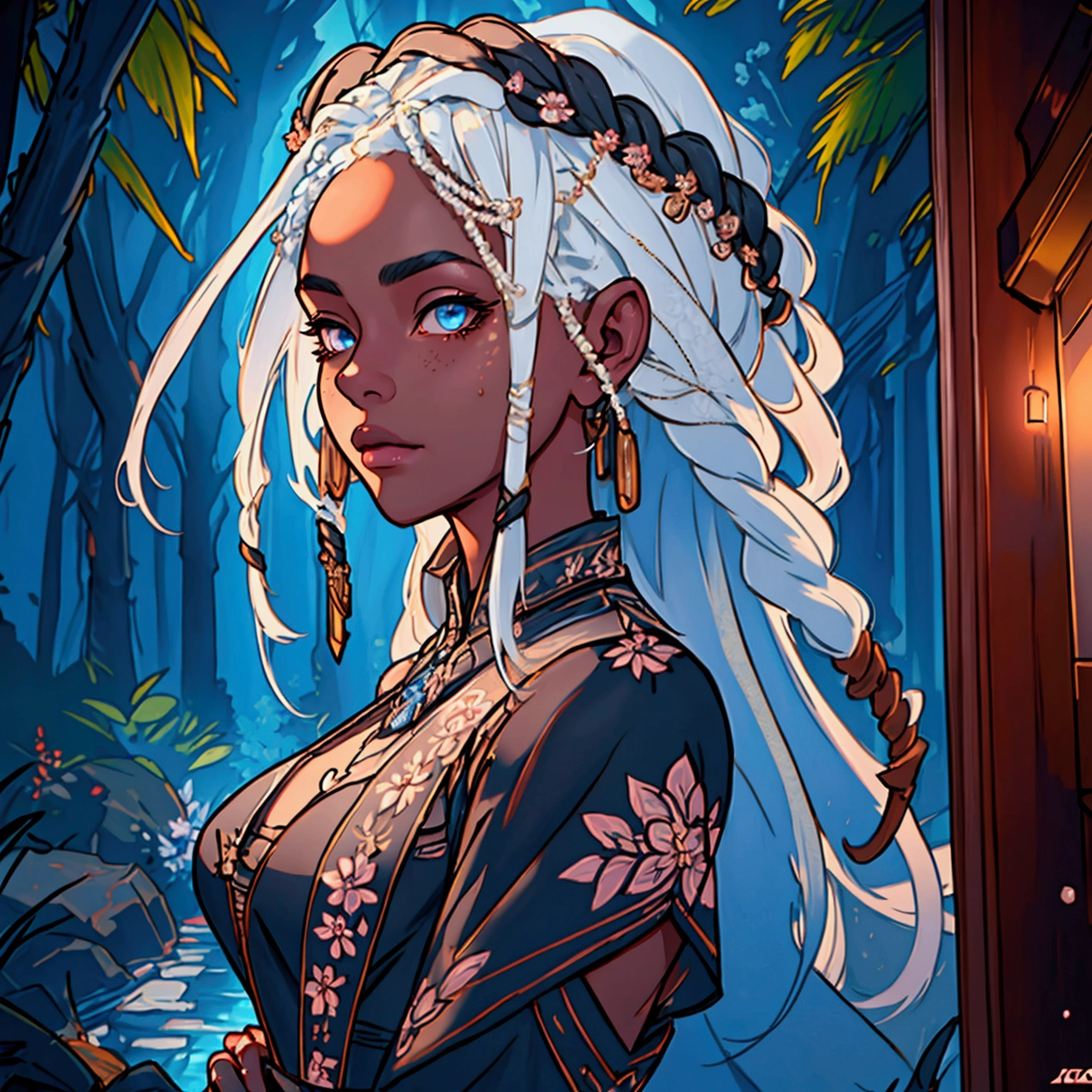 a beautiful ebony skinned girl,floral dress,alluring,soft,blue eyes,long white dreadlocks,detailed facial features,photorealistic,highly detailed,intricate details,natural lighting,warm color palette,cinematic lighting,elegant,refined,classy,masterpiece