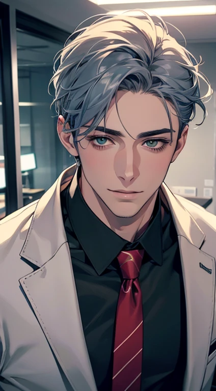 (Highest quality,4K,8K,High resolution,masterpiece:1.2),Super detailed,(Realistic,photoRealistic,photo-Realistic:1.37),1 person,31 years old,Mature Men,Beautiful skin、very handsome,Expressionless smile in love,Short gray blue hair,green eyes,Sharp Eyes,A perfect face without a doubt,Businessman,Office Background,Cinema Lighting,HDR image,tie、