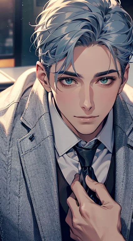 (Highest quality,4K,8K,High resolution,masterpiece:1.2),Super detailed,(Realistic,photoRealistic,photo-Realistic:1.37),1 person,31 years old,Mature Men,Beautiful skin、very handsome,Expressionless smile in love,Short gray blue hair,green eyes,Sharp Eyes,A perfect face without a doubt,Businessman,Office Background,Cinema Lighting,HDR image,tie、