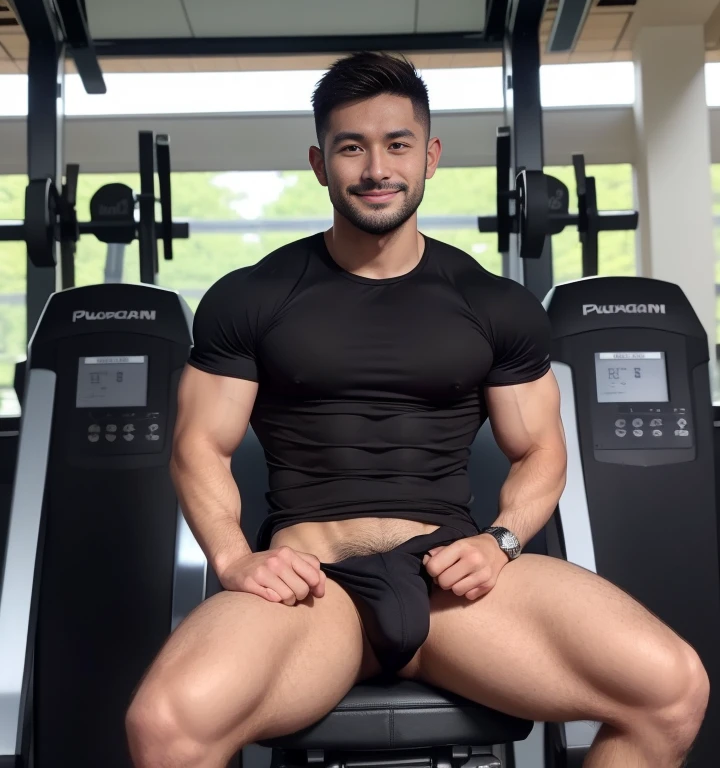 30 years old,One Man,Asian Faces、Black Suit,Gym、Sit on the machine with your legs wide open、muscle、chest hair、pubic hair、Solid system、Sweat、Gay ,Very Very Short Hair、Stubble,Handsome、The crotch area is bulging。pubic hair、smile、Brown Hair