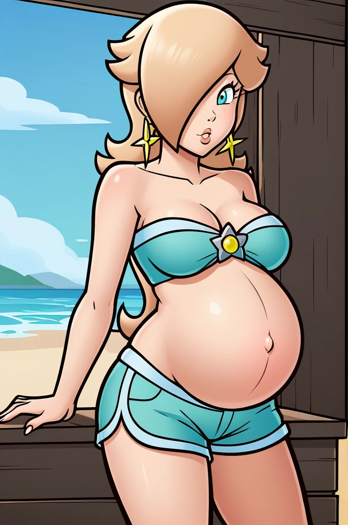 score_9, score_8_up, 1girl, solo, rosalina, style parody, thick outlines, black bikini, shorts, pregnant belly, sleeveless, strapless, cleavage, indoors, beach,