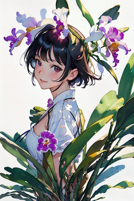 (Highest quality、High resolution、masterpiece)、4k anime art、((Cattleya, Three Flowers, close, whole body, full bloom, ))、(Portraiture、Upper Body、woman、20-year-old、short hair、A kind smile、Small breasts)、Soft Focus、((Sargent-style watercolor))、((White Background))、(No background)、Blur the background、