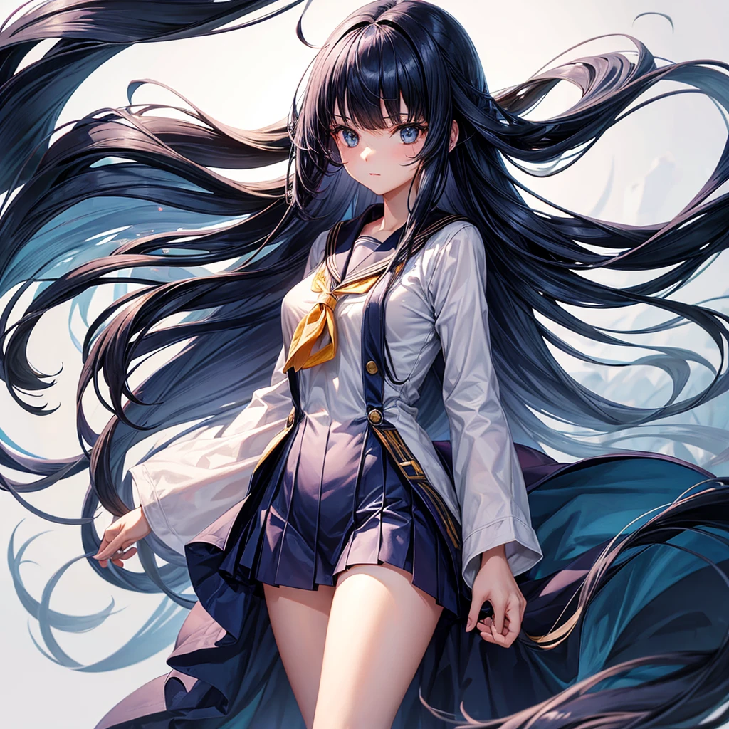 girl with extremely long hair with navy blue bangs,