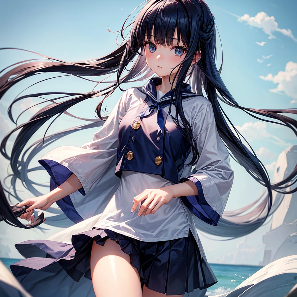 girl with extremely long hair with navy blue bangs,