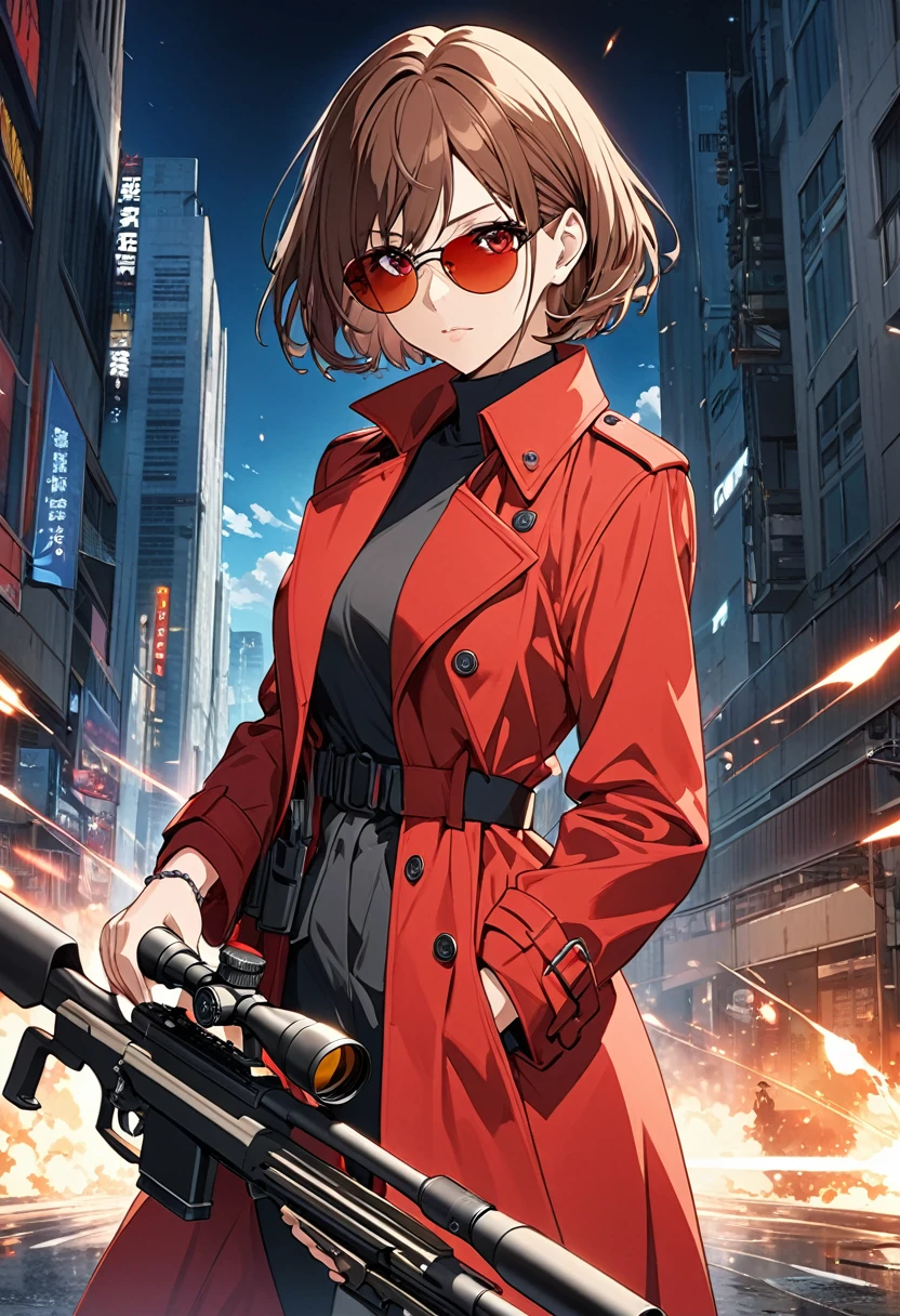 Sniper cover art,Handsome woman wearing sunglasses. Brown Hair, short hair, Red eyes, Wearing a red trench coat.Sniper using a sniper rifle. Anime Visual, detailedなキーアニメーションアート, Anime artwork, The overwhelming impact of anime.beautifully、Very fine texture,detailed, bright, High resolution and high quality presentation in animation style,