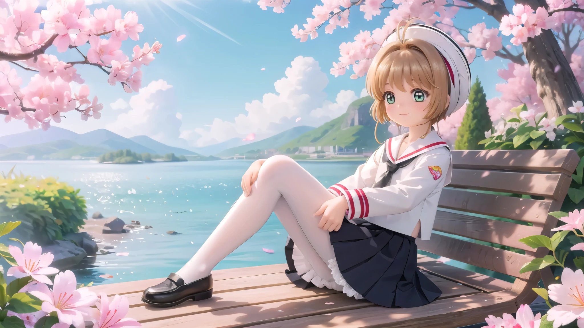(masterpiece),  Outdoor,  cherry blossoms,  petal,  sunlight,  lake,  One Girl,  blush,  smile,  Medium Hair,  Sailor suit,Long skirt, Overgrown, petal, plant、Skirt lining、White slip、nostalgic、pantyhose（gray）、You can see the sea in the distance, Crotch close-up