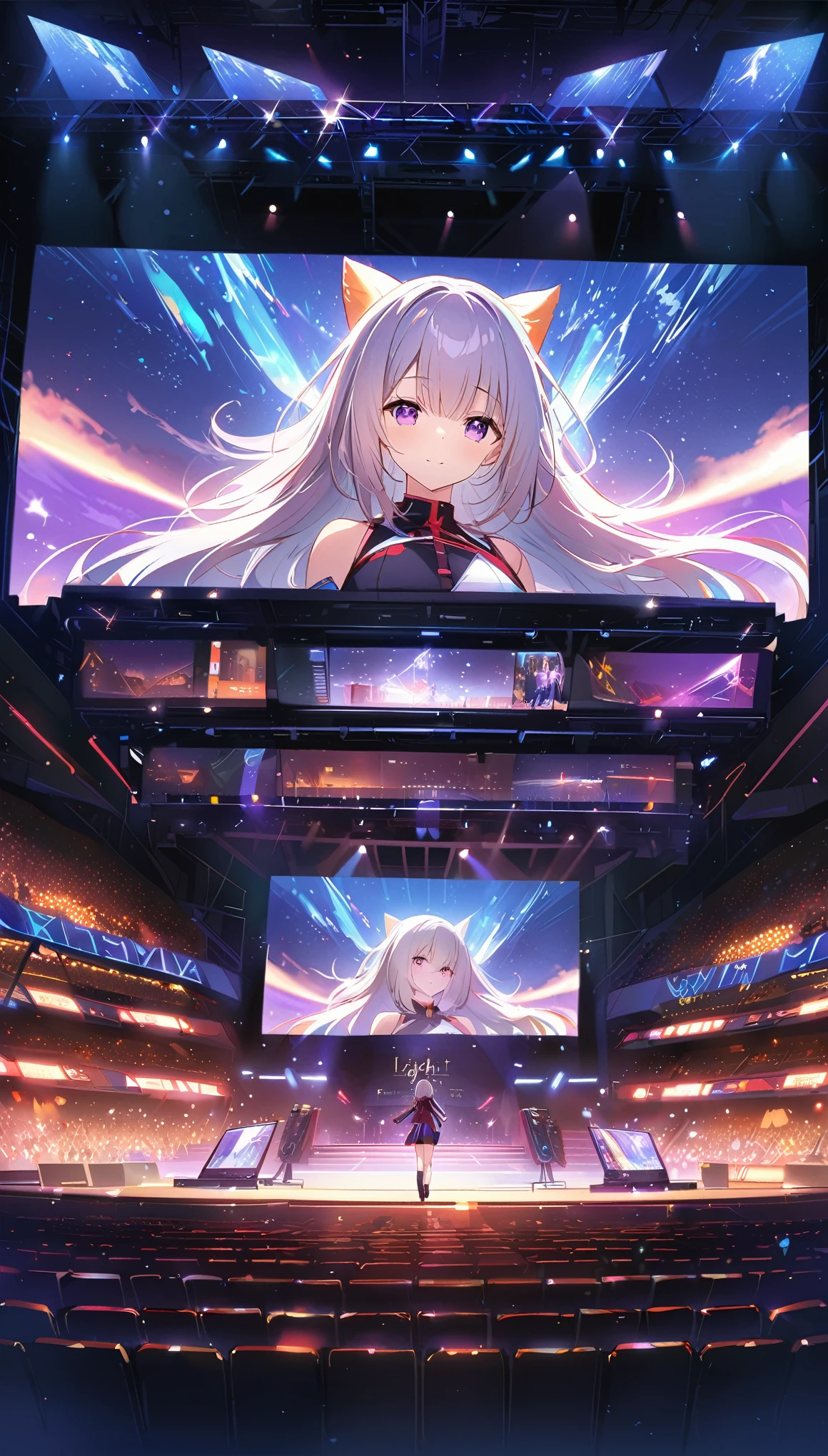 (Concert Venues、central、masterpiece、Highest quality：1.2)、(8k、RAW Photos、Highest quality)、((masterpiece：1.2))、Genuine、Ultra-high resolution、High contrast、Photon Mapping、Bright colors、Genuine、Very detailed、Very detailed、RAW Photos、Genuine、Official Art、RAW Photos、Professional Lighting、Light、Professional writing、twiceLight、Vivid atmosphere、High-definition CG、Unity 8K)、There are many monitors at the back of the stage showing anime.。レーザーLight線、スポットライトはステージcentralに集中している。